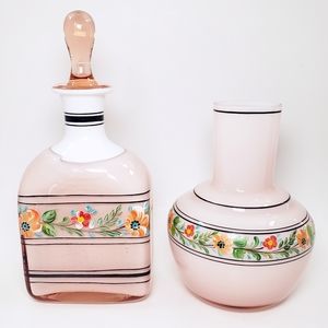 Vintage Hand Blown Ivima Portuguese Glass Pink Floral Decanter and Water Jug